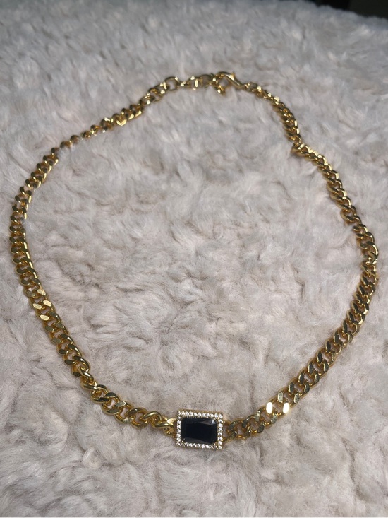 Jewelry - Gold Chain Necklace with Black Rectangular Stone Accent